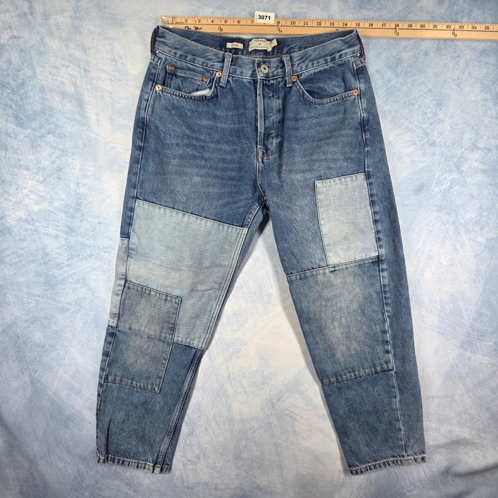 Topman Original Patchwork Jeans Blue Denim Button Fly Tapered 32x25
